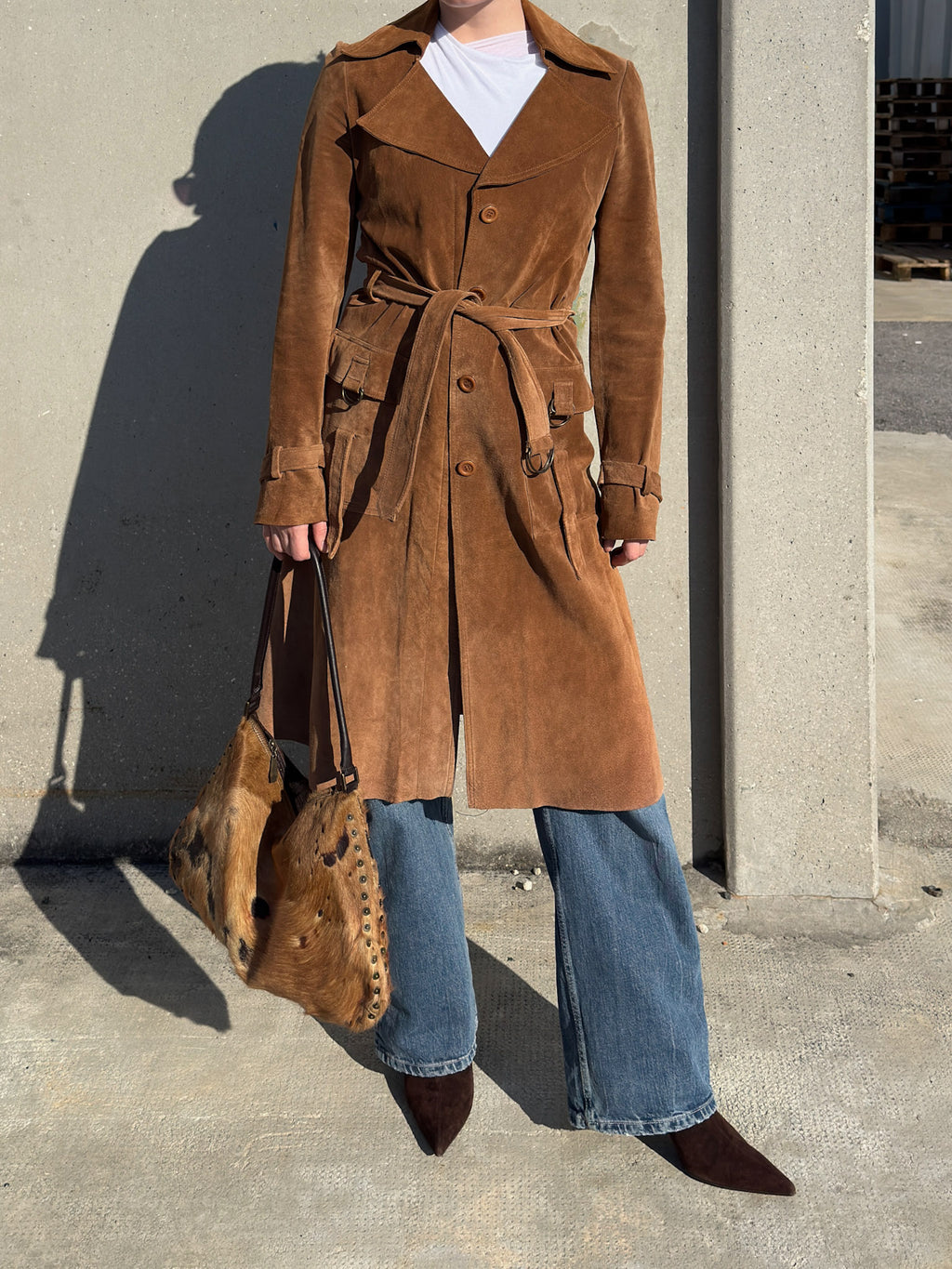 Real suede caramel trench coat
