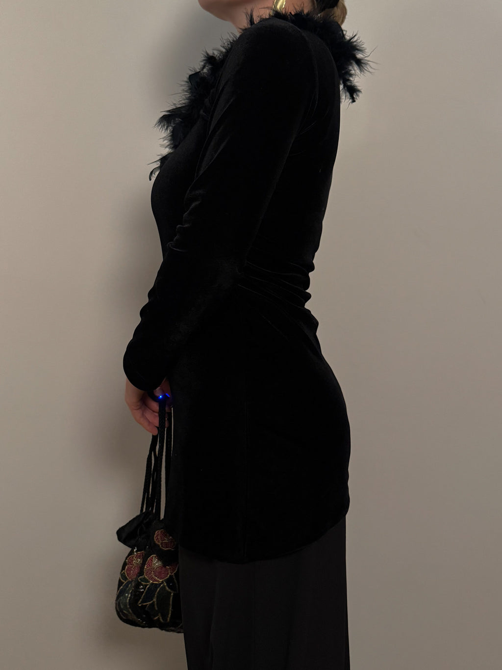 Velvet and feathers black top