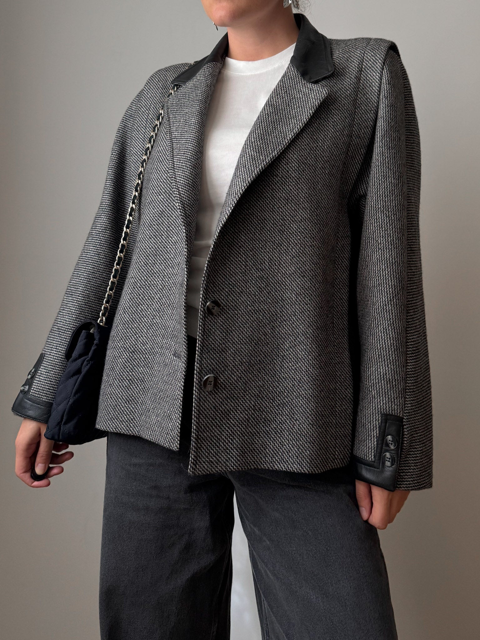 Wool and leather herringbone jacket