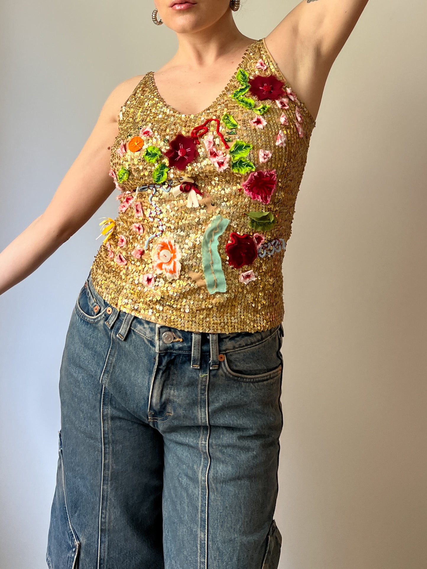 Floral sequins gold top