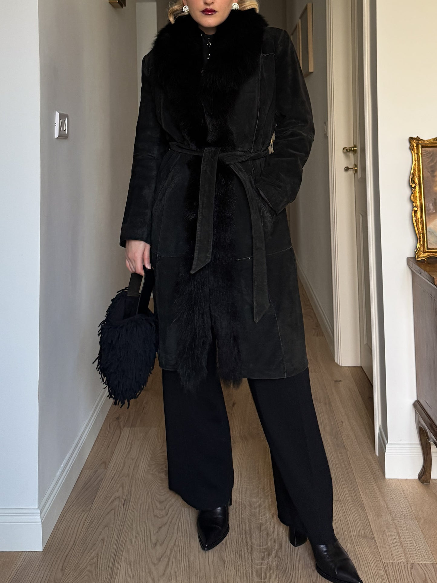 Suede and fur black coat