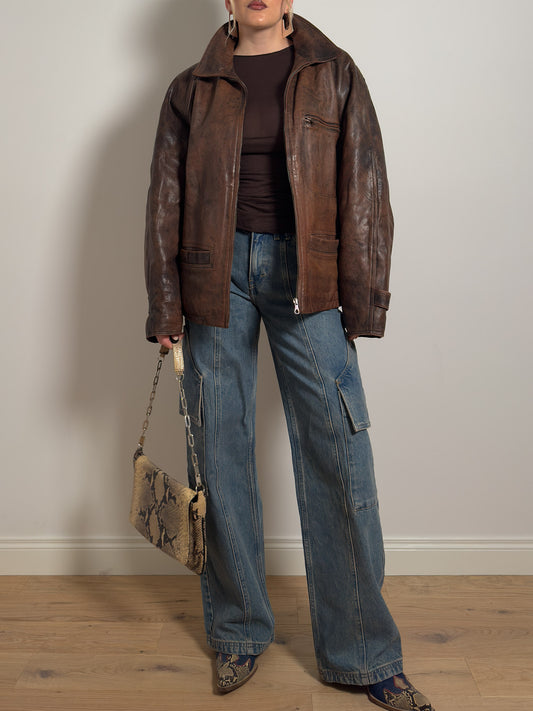 Real leather distressed jacket