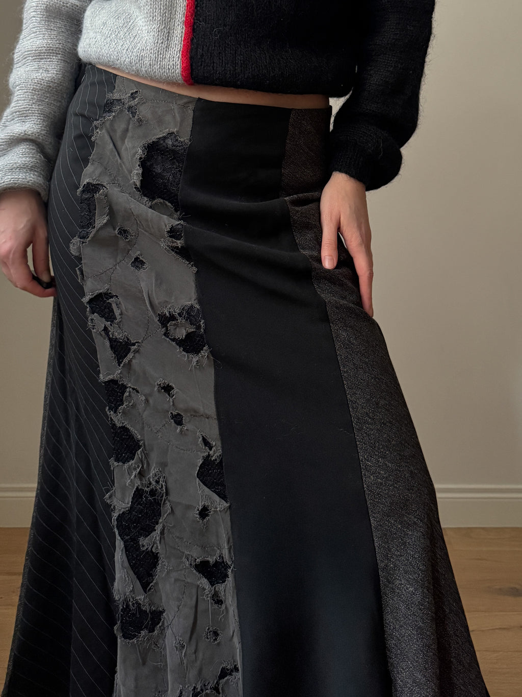 Patchwork black long skirt