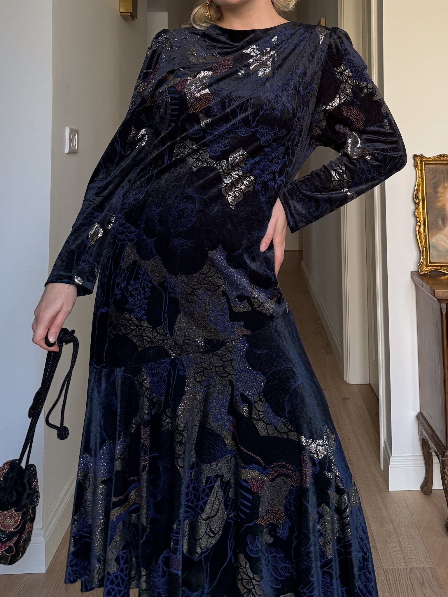 Velvet blue and gold dress