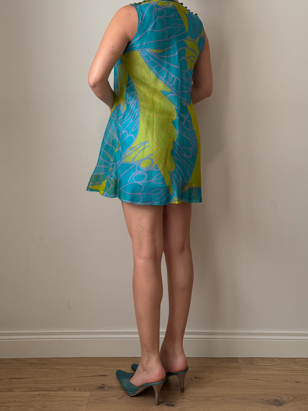 Pure silk sky and green mini dress