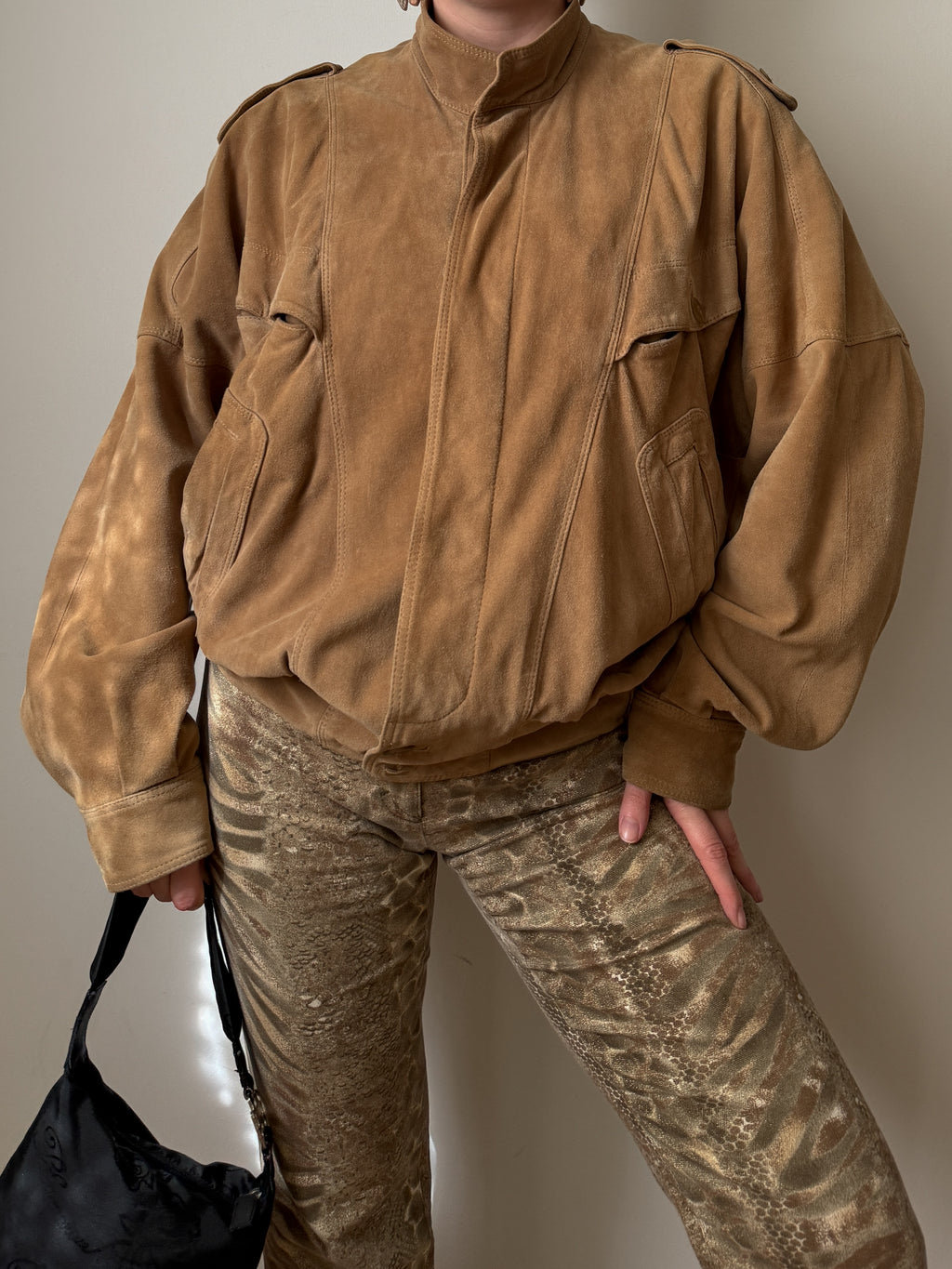 Real suede camel bomber