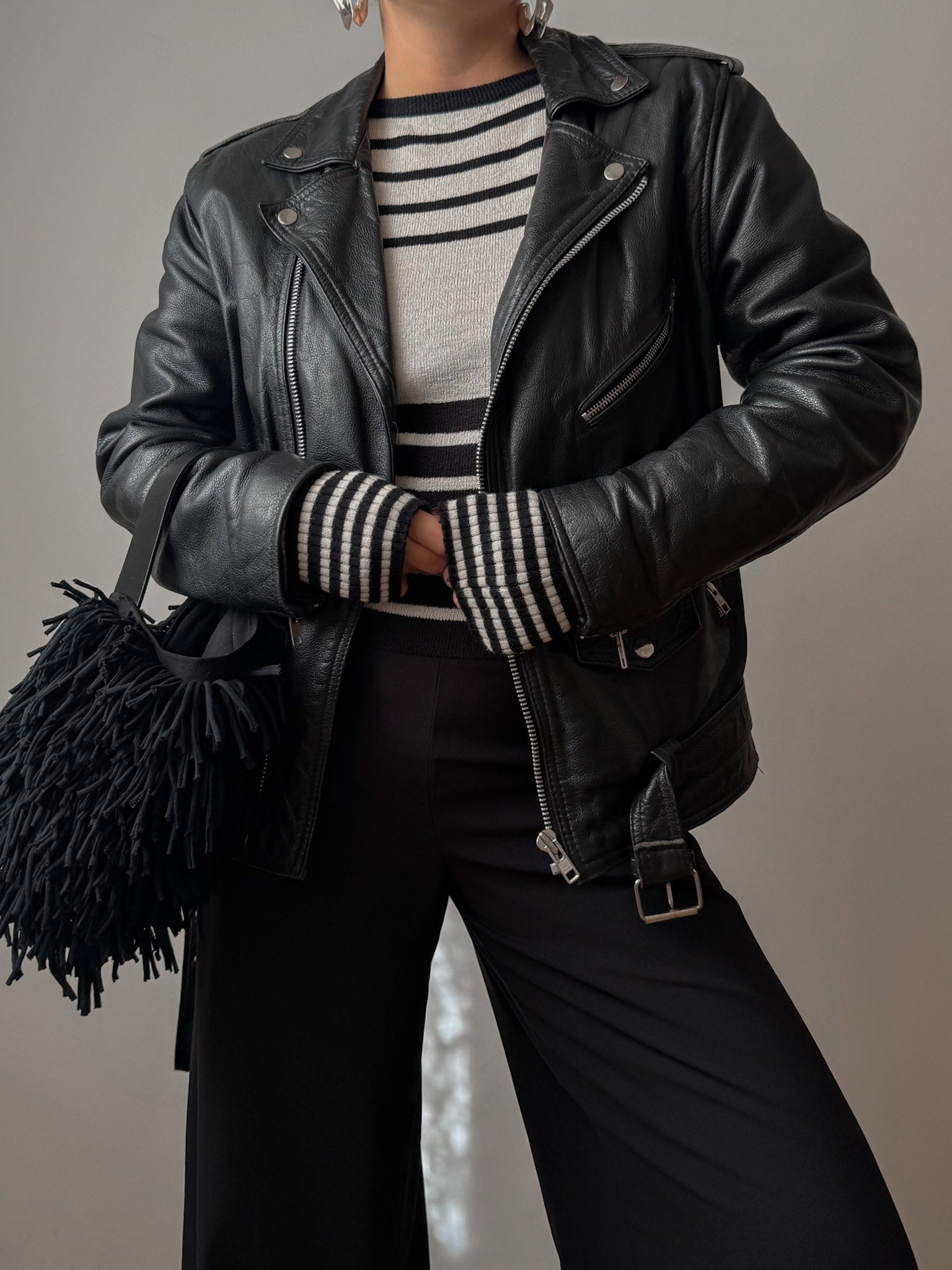 Real leather black biker