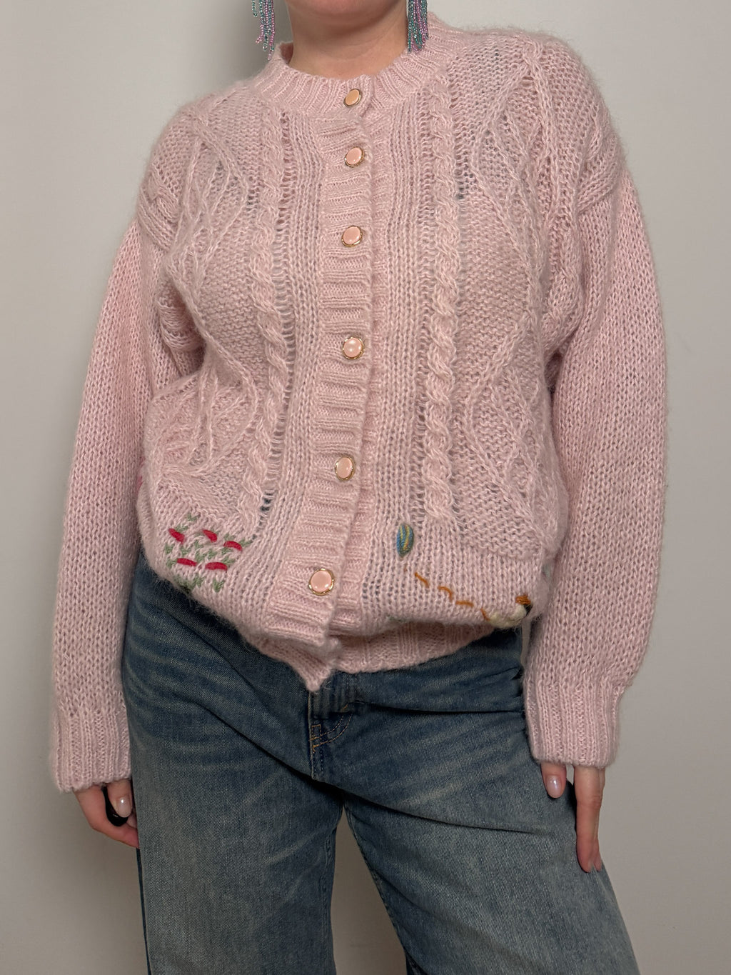 Pure wool embroidered pink cardigan