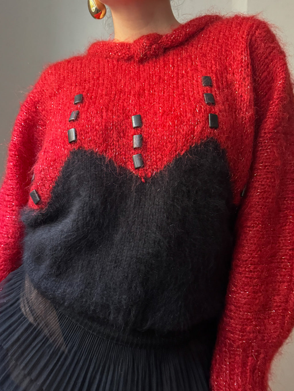 Mohair and angora red and black pull