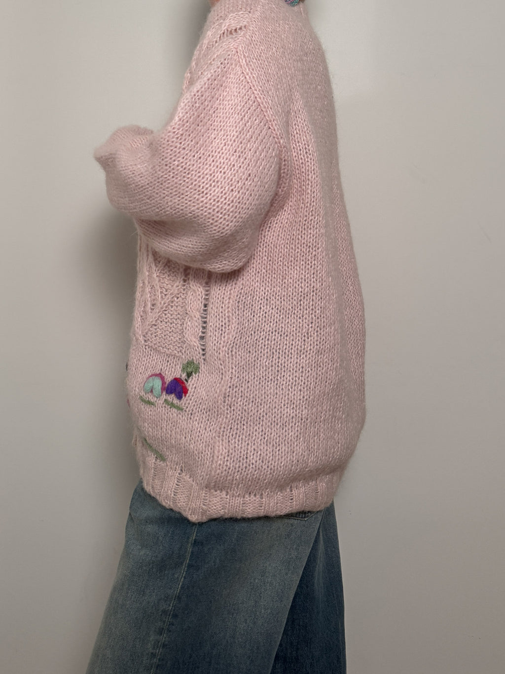 Pure wool embroidered pink cardigan