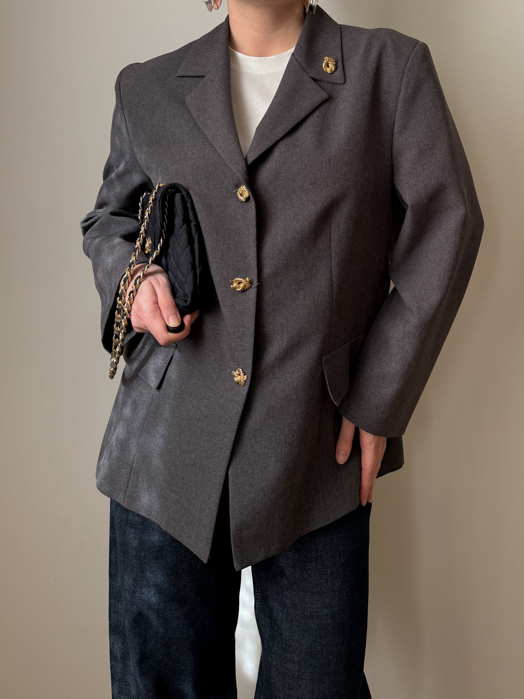 Grey blazer with gold rope buttons