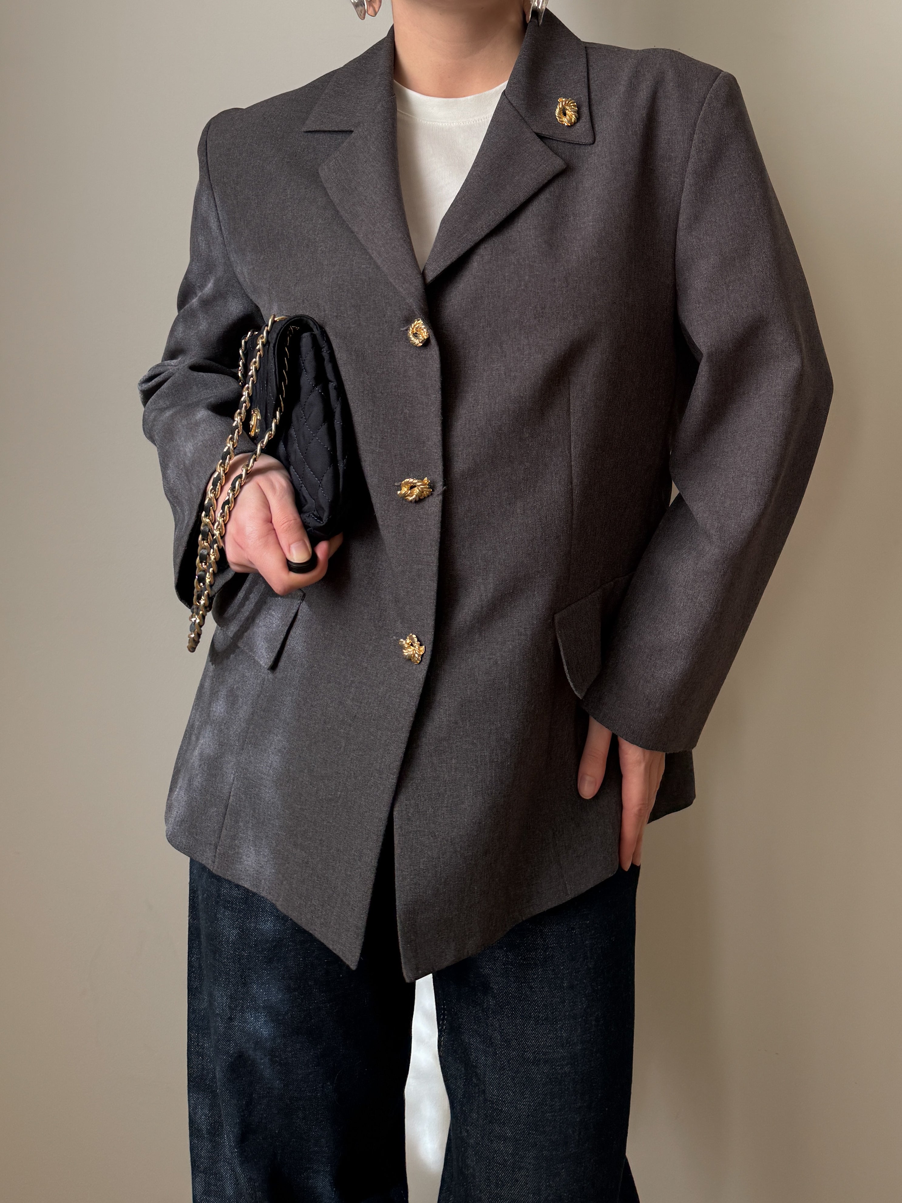 Grey blazer with gold rope buttons