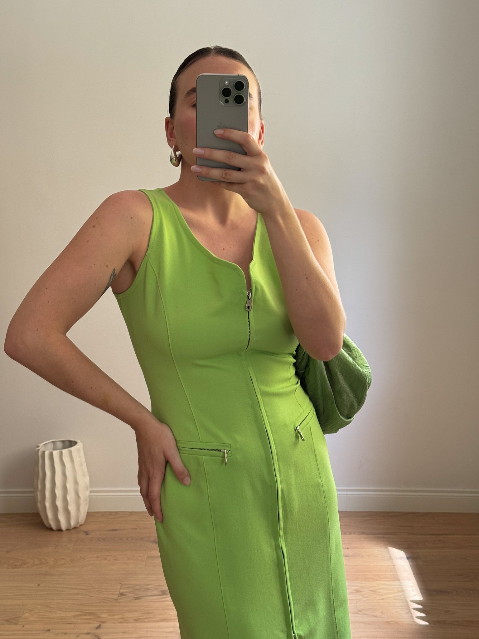 Zip green long dress
