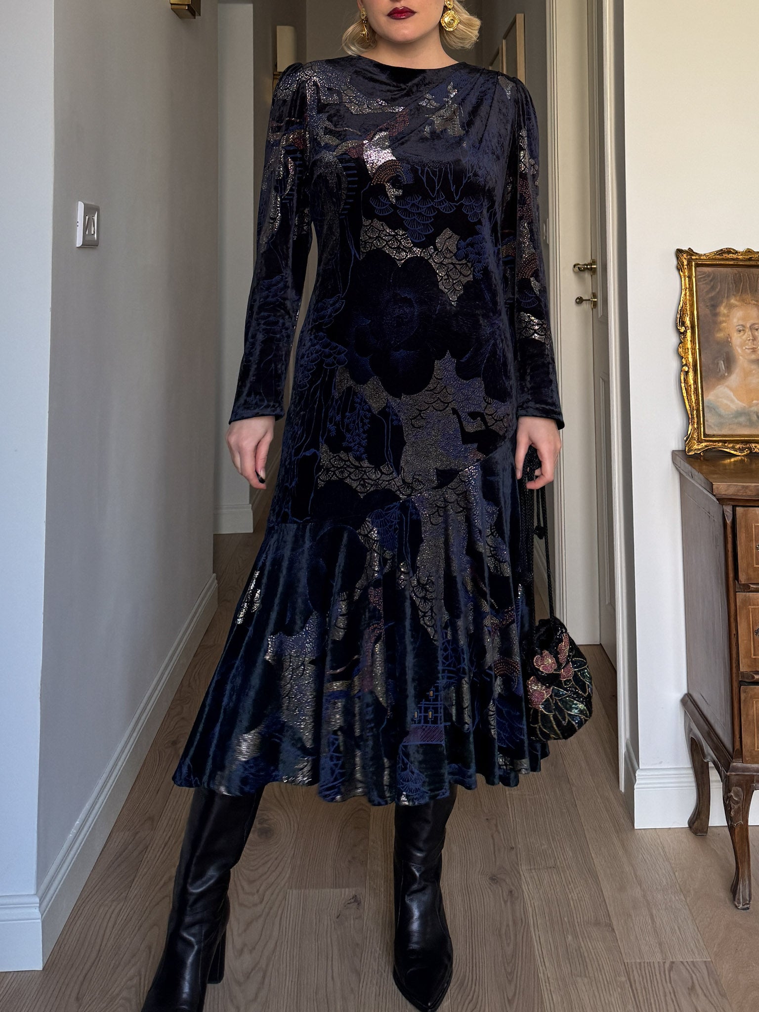Velvet blue and gold dress