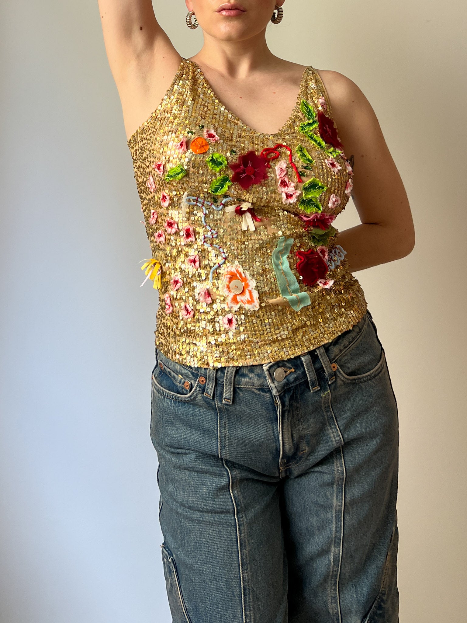 Floral sequins gold top