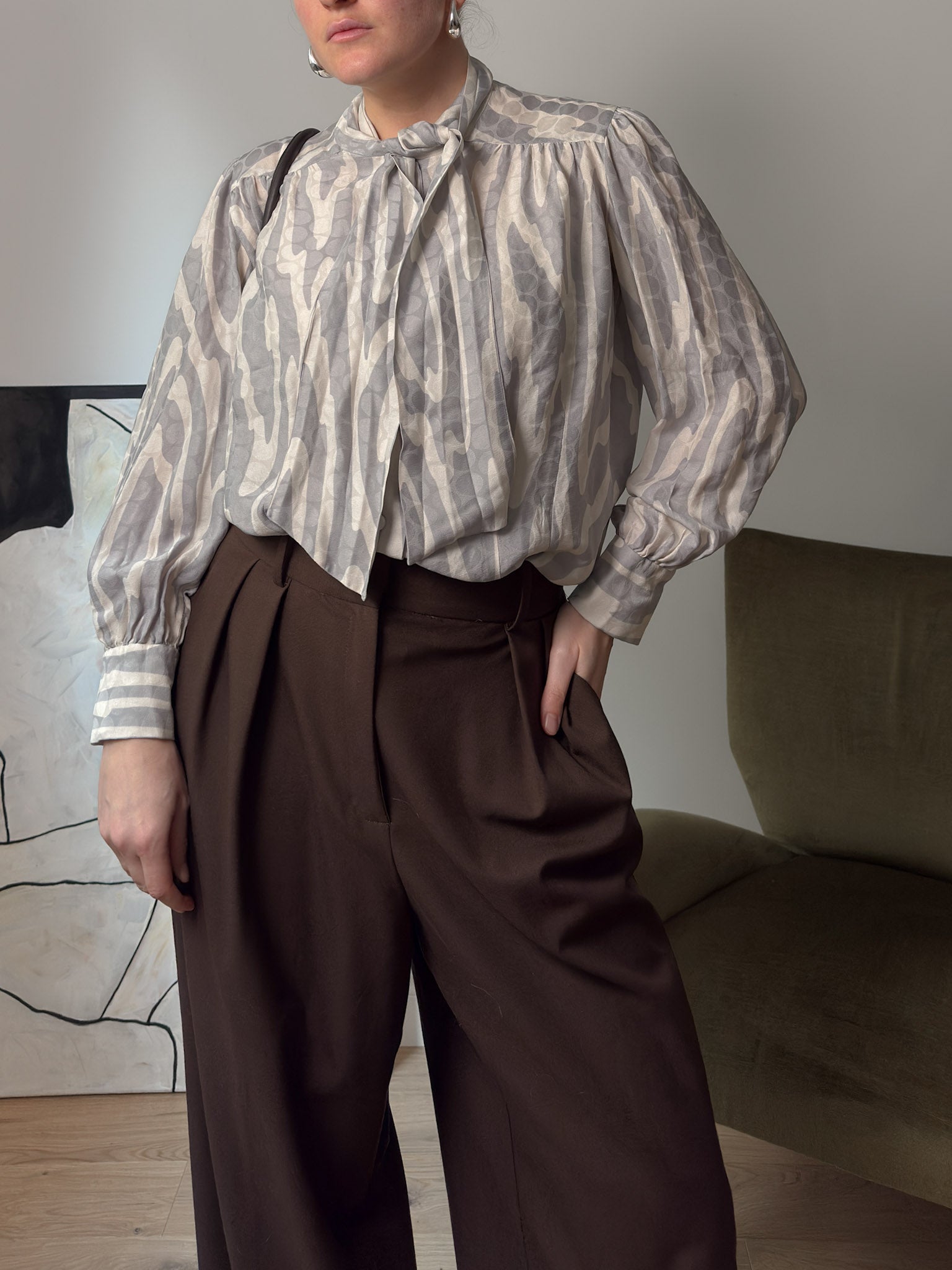 Pure silk ivory and grey blouse