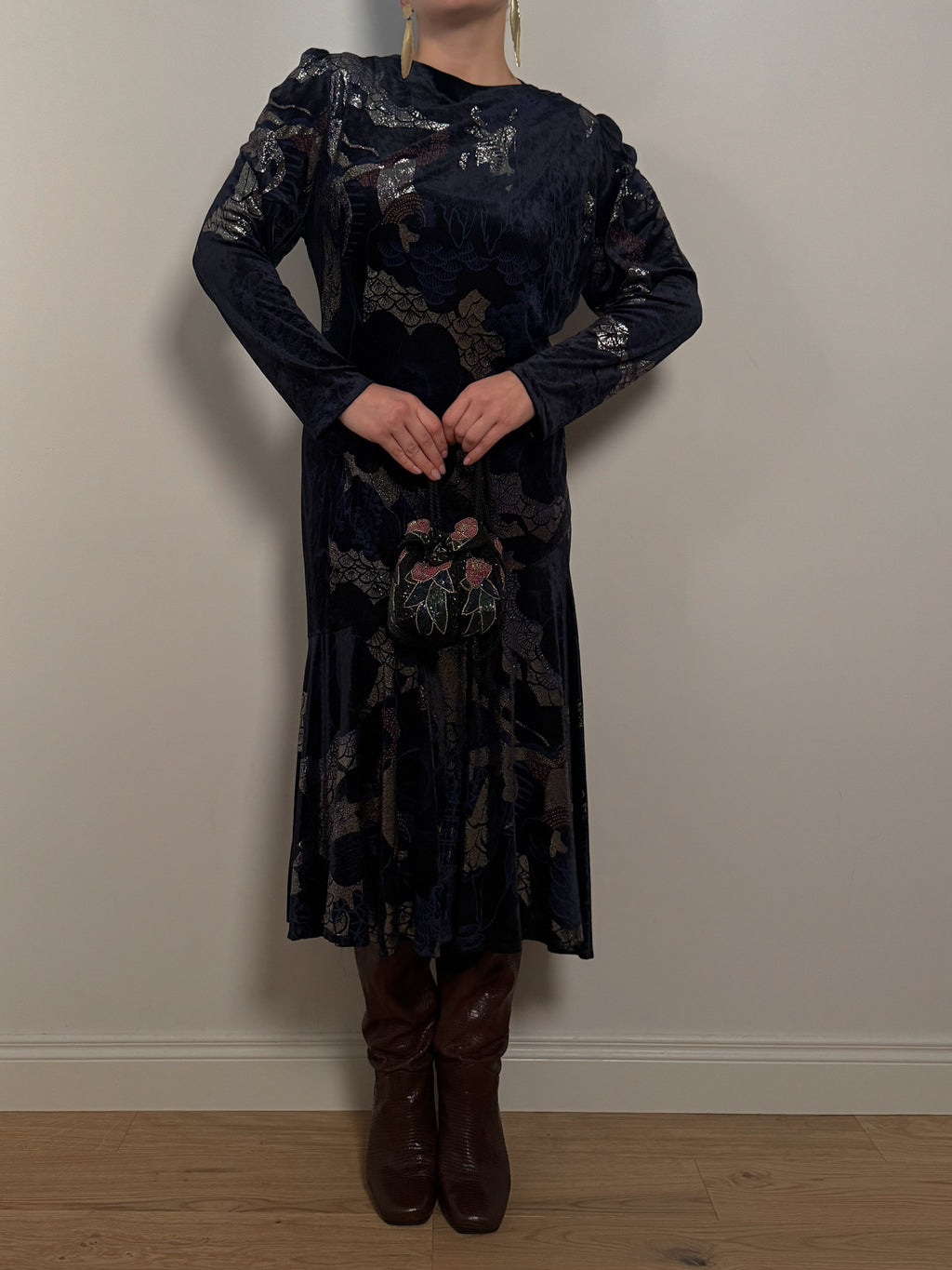 Velvet printed blue dress