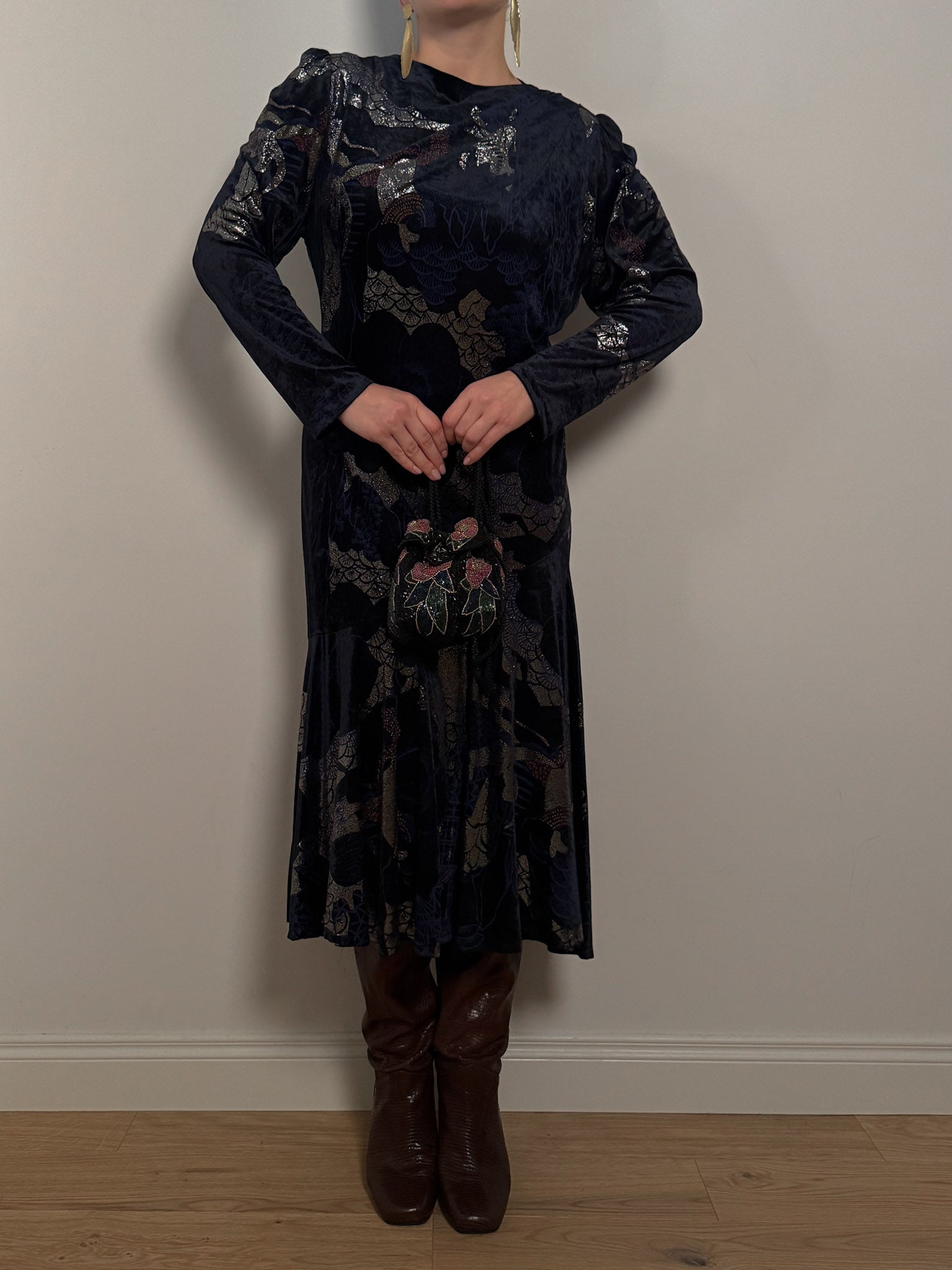 Velvet printed blue dress
