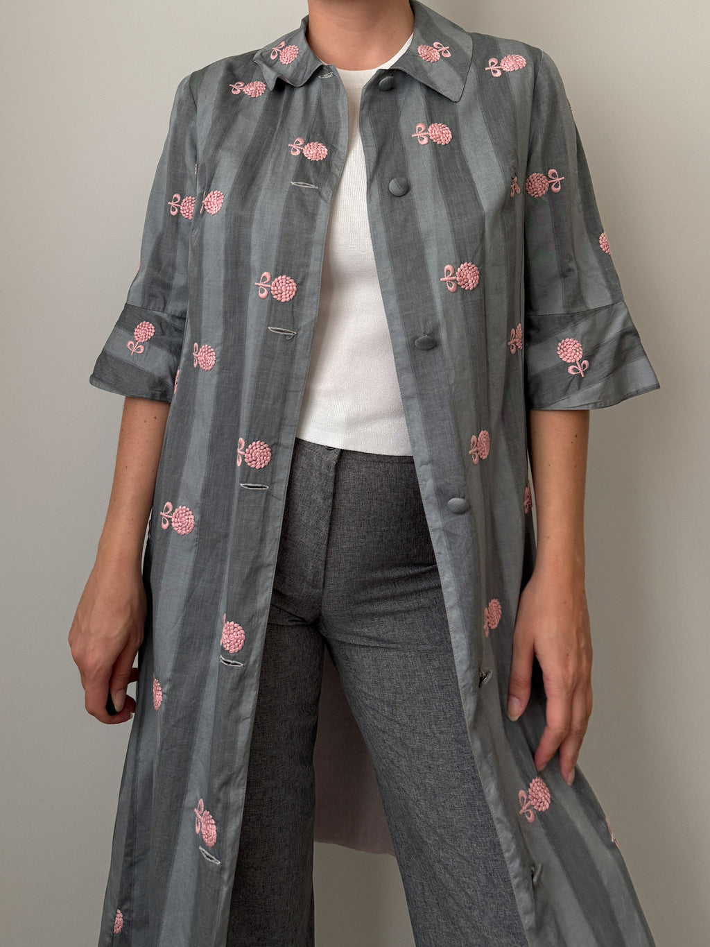 Grey and pink dust coat