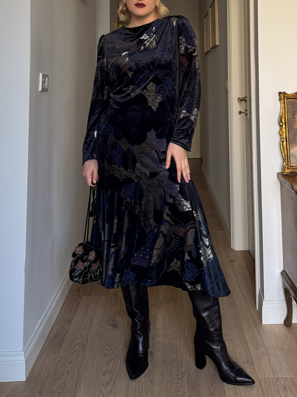 Velvet blue and gold dress