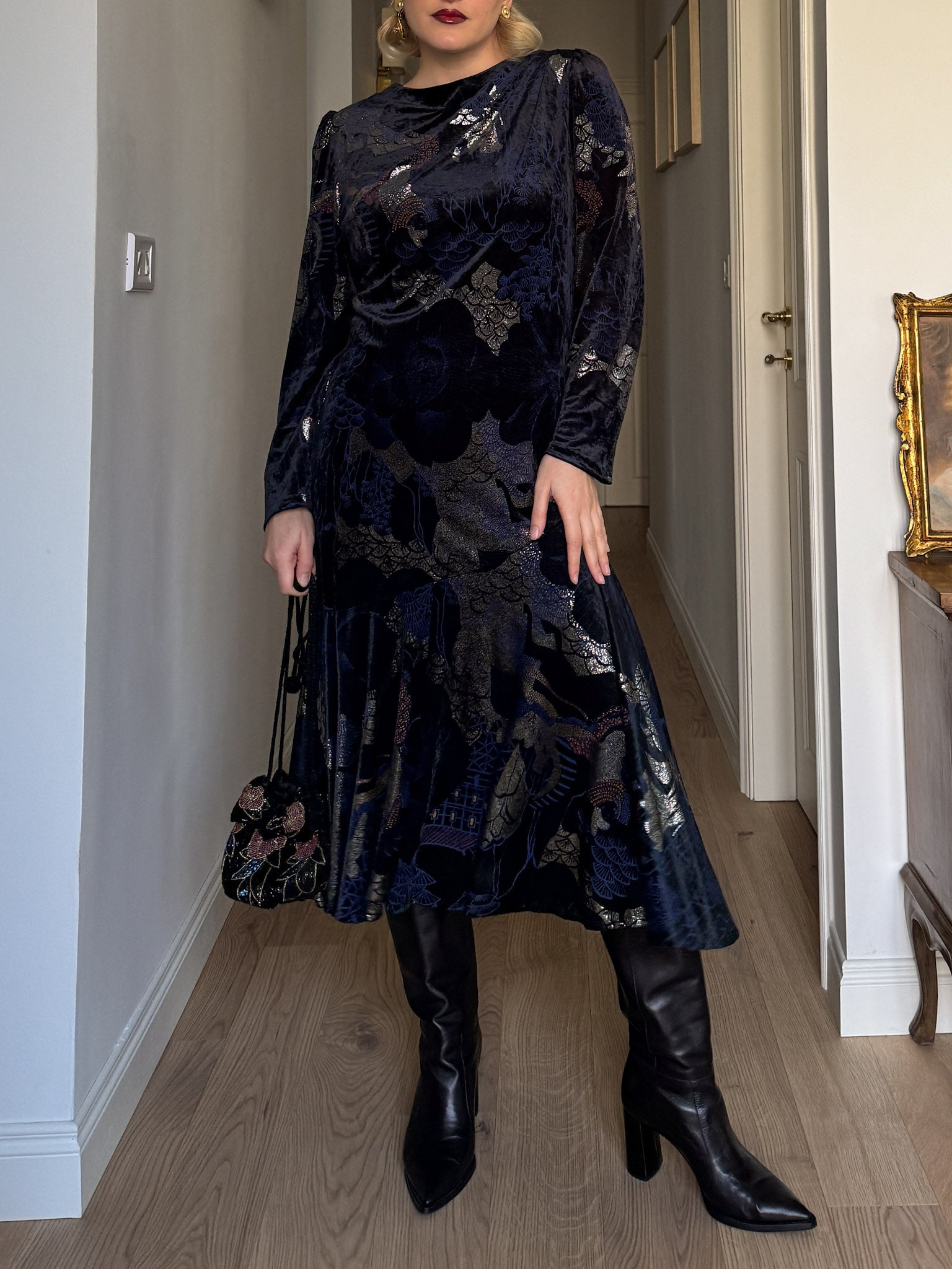 Velvet blue and gold dress