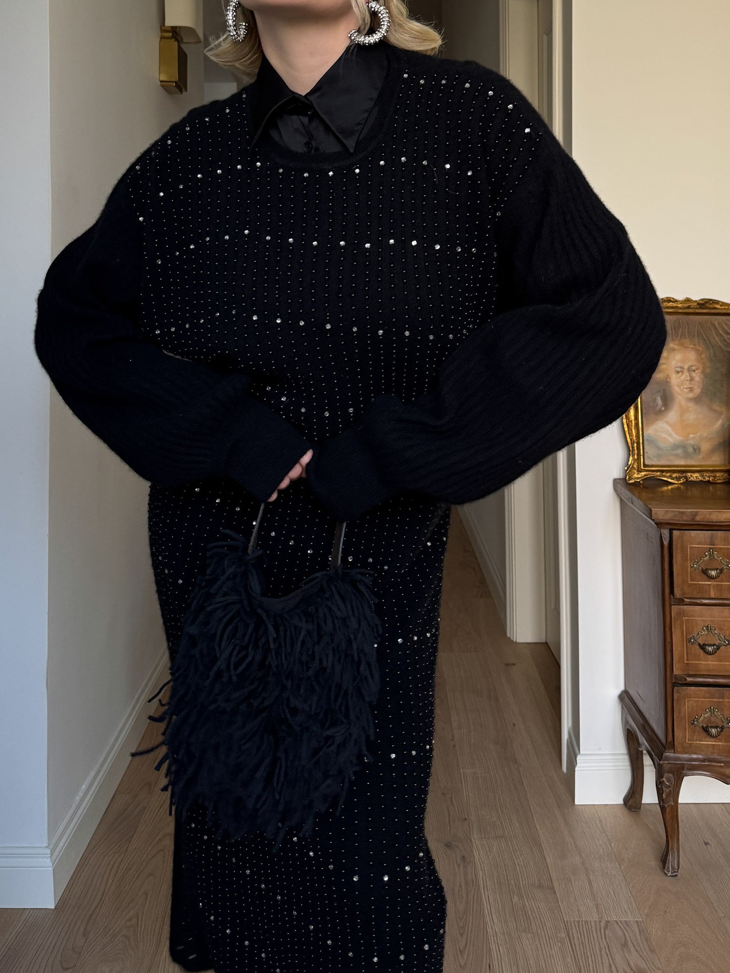 Lambswool, angora and strass black dress