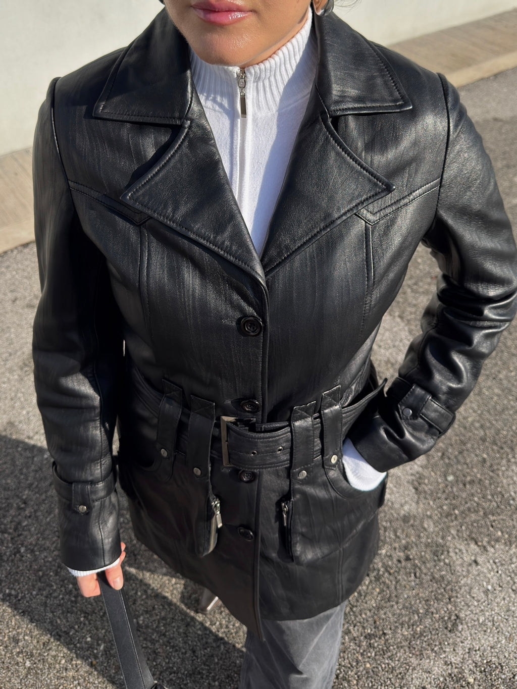 Genuin leather black trench