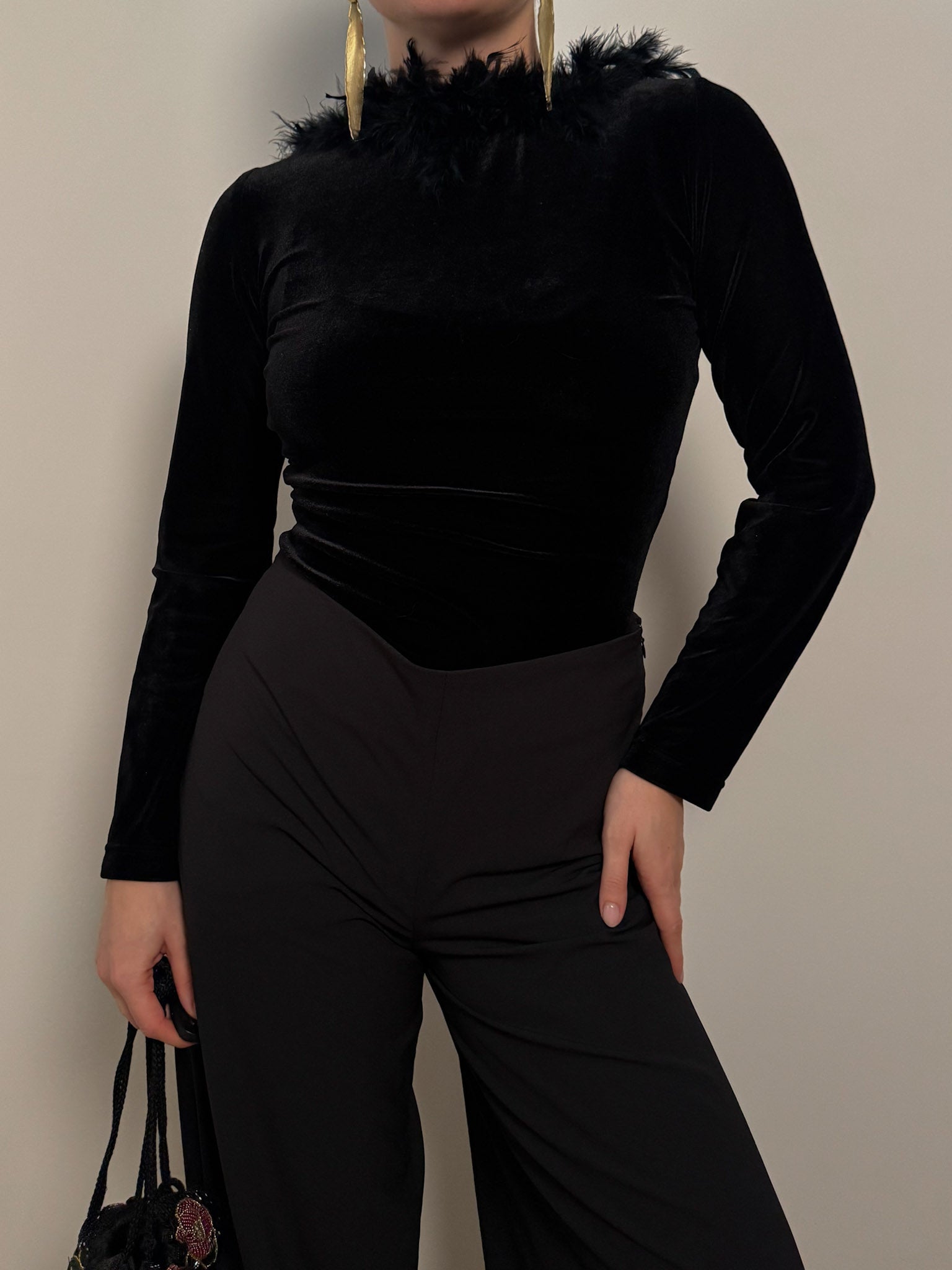 Velvet and feathers black top
