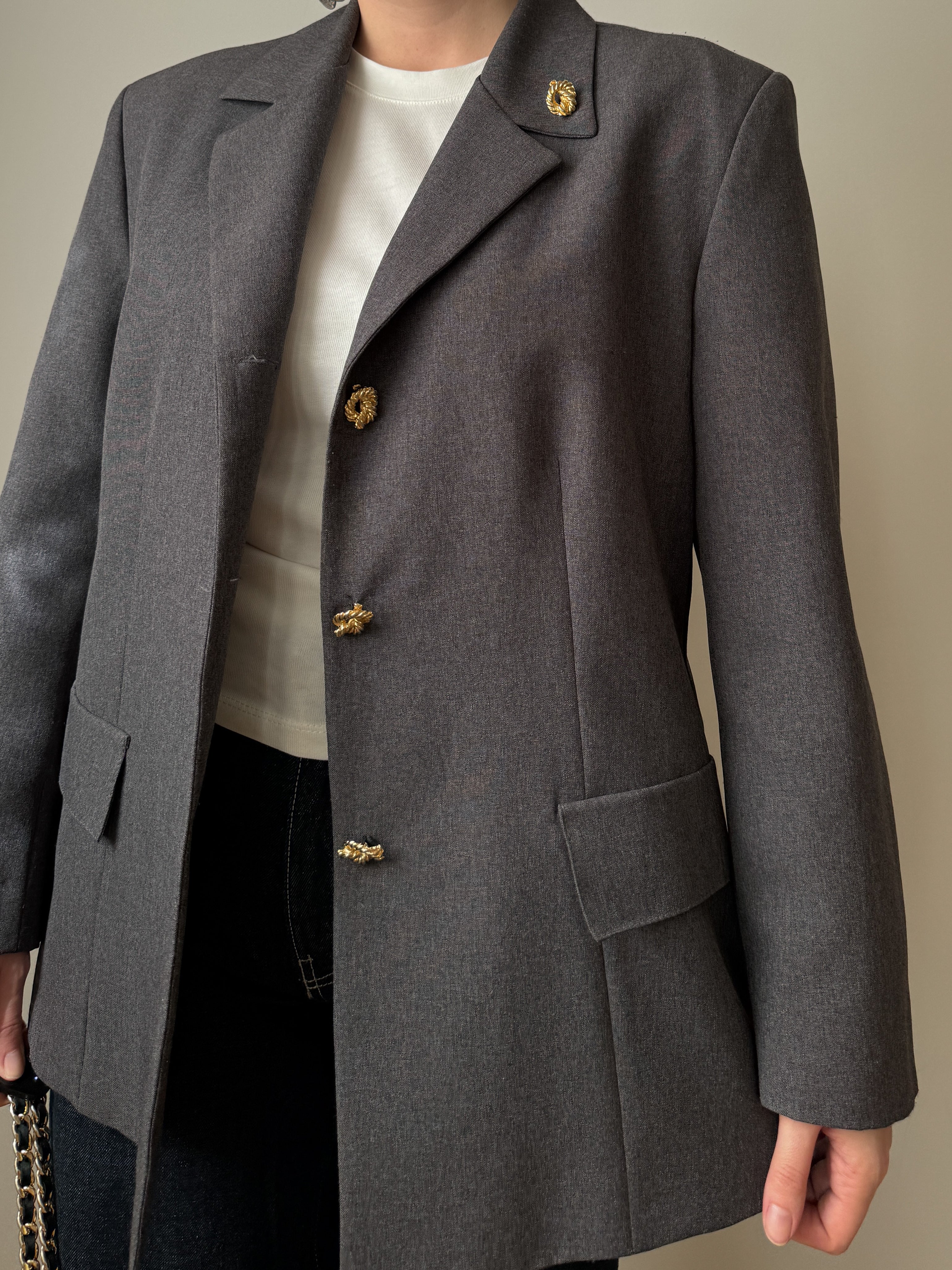 Grey blazer with gold rope buttons