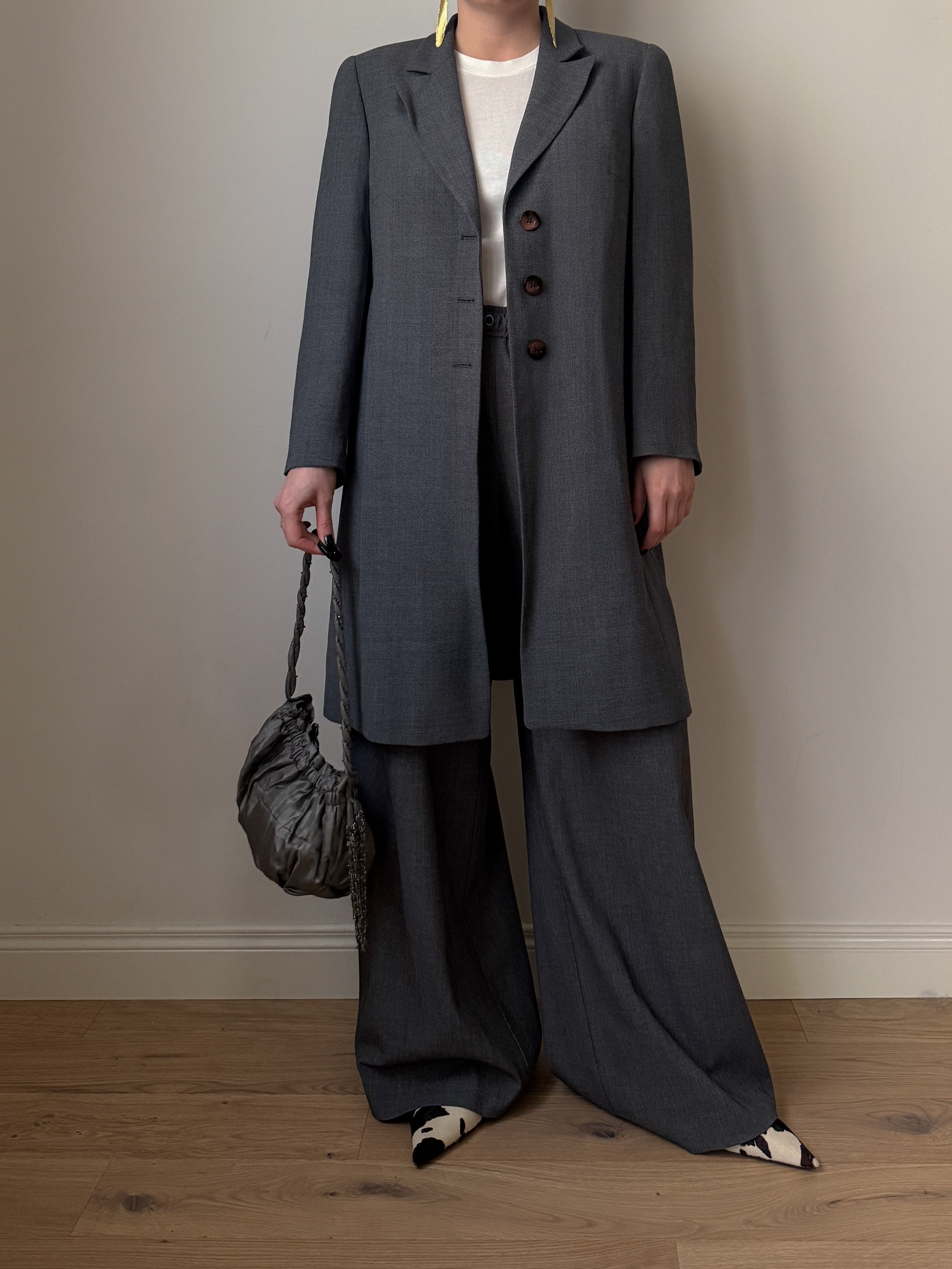 Blazer lungo vintage in lana e viscosa grigio