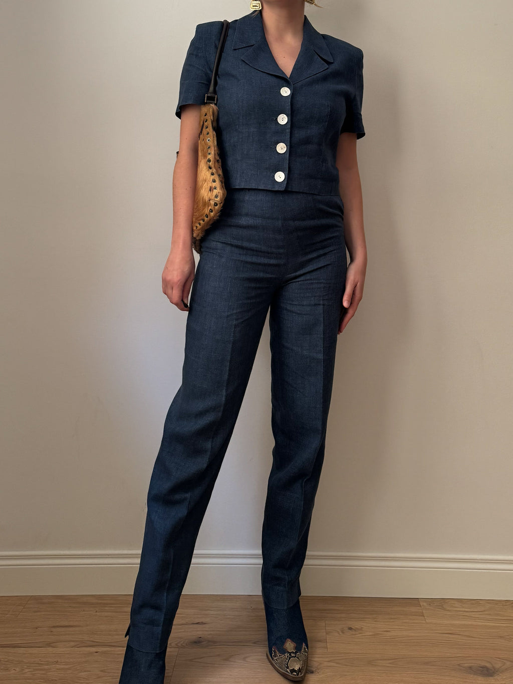 Pure linen blue denim suit