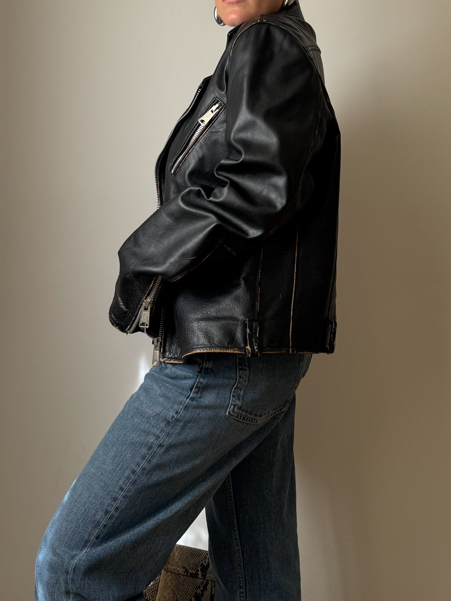 Real leather distressed jacket