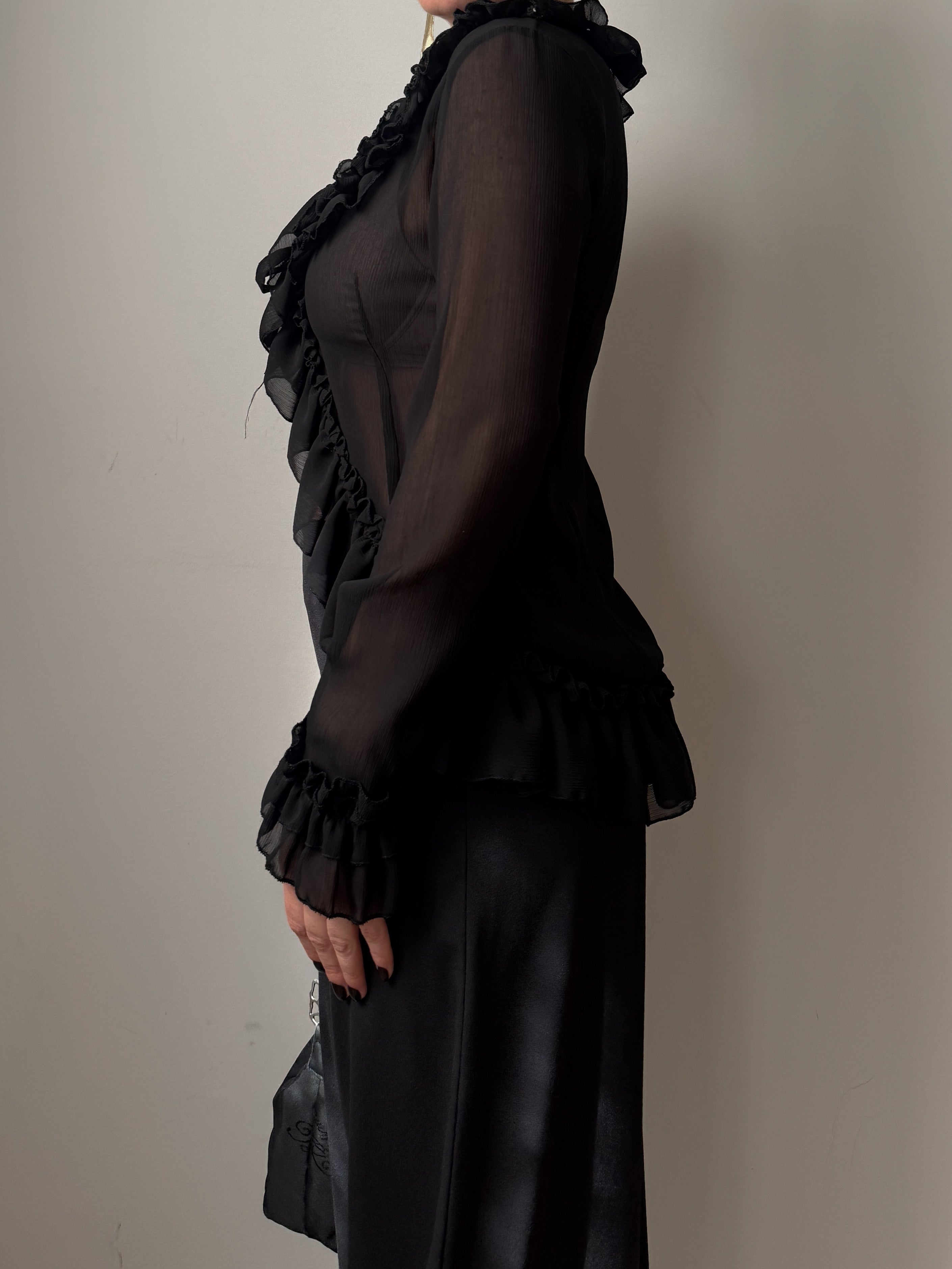 Blusa vintage in viscosa nera con rouches