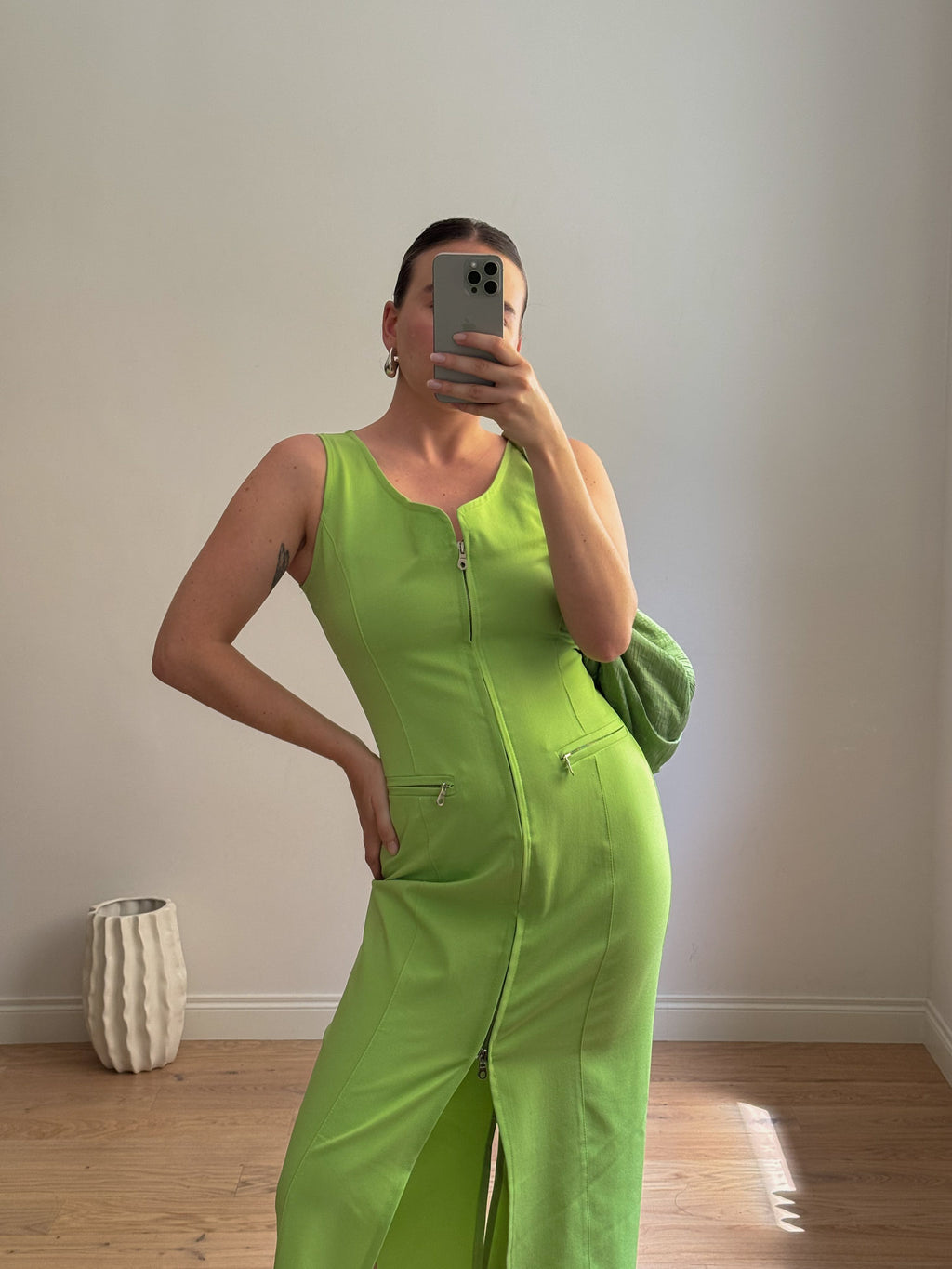 Zip green long dress