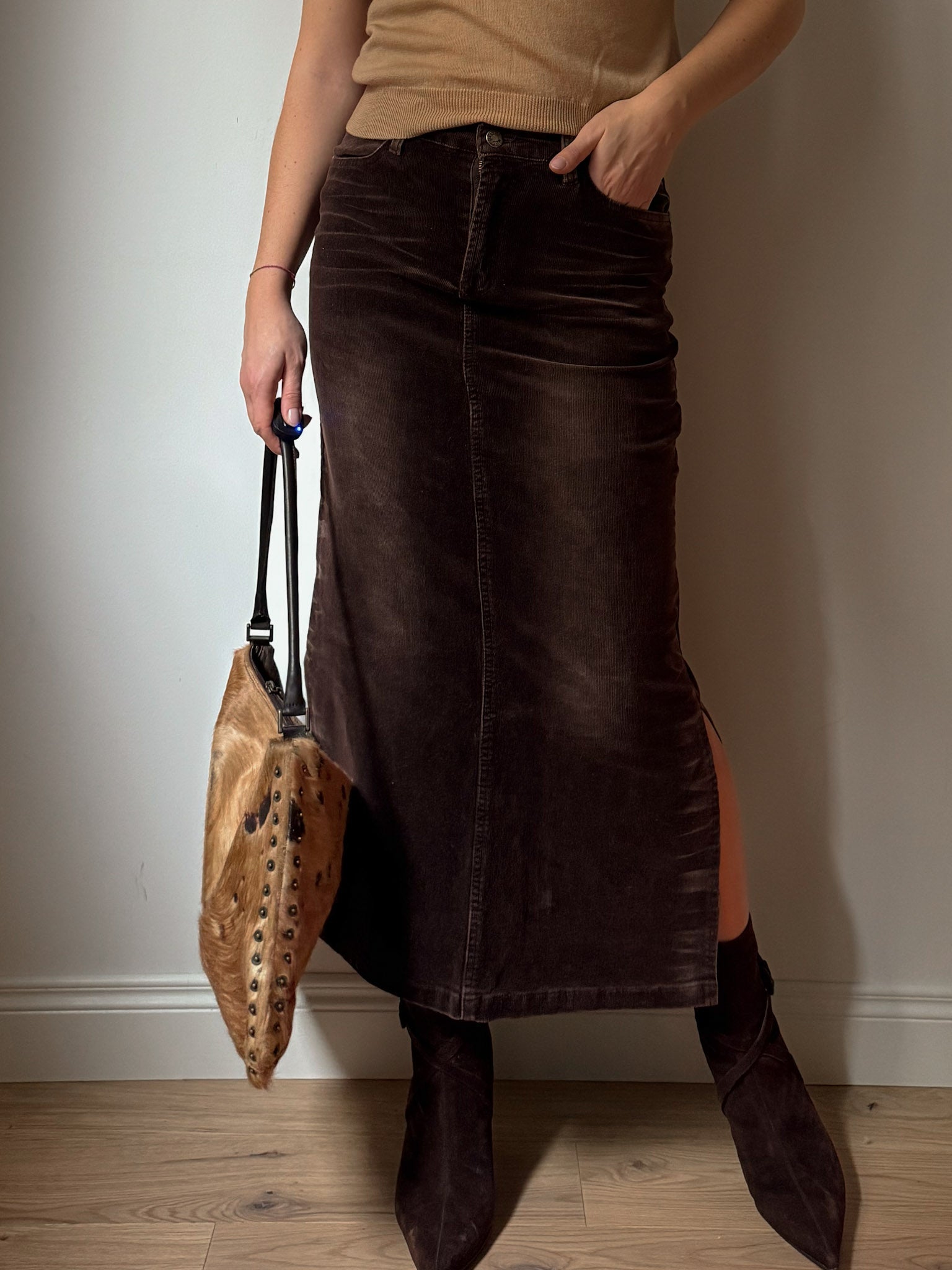 Velvet brown midi skirt