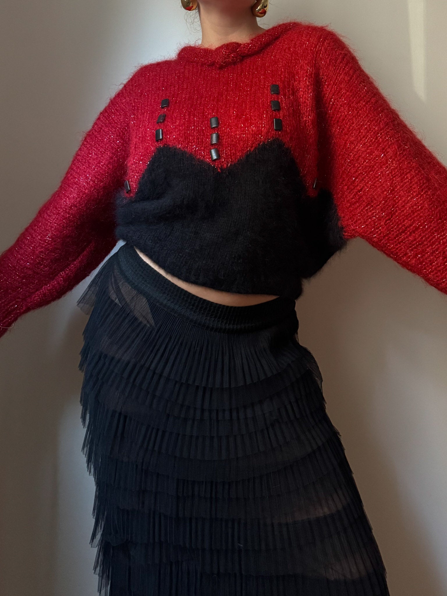 Mohair and angora red and black pull