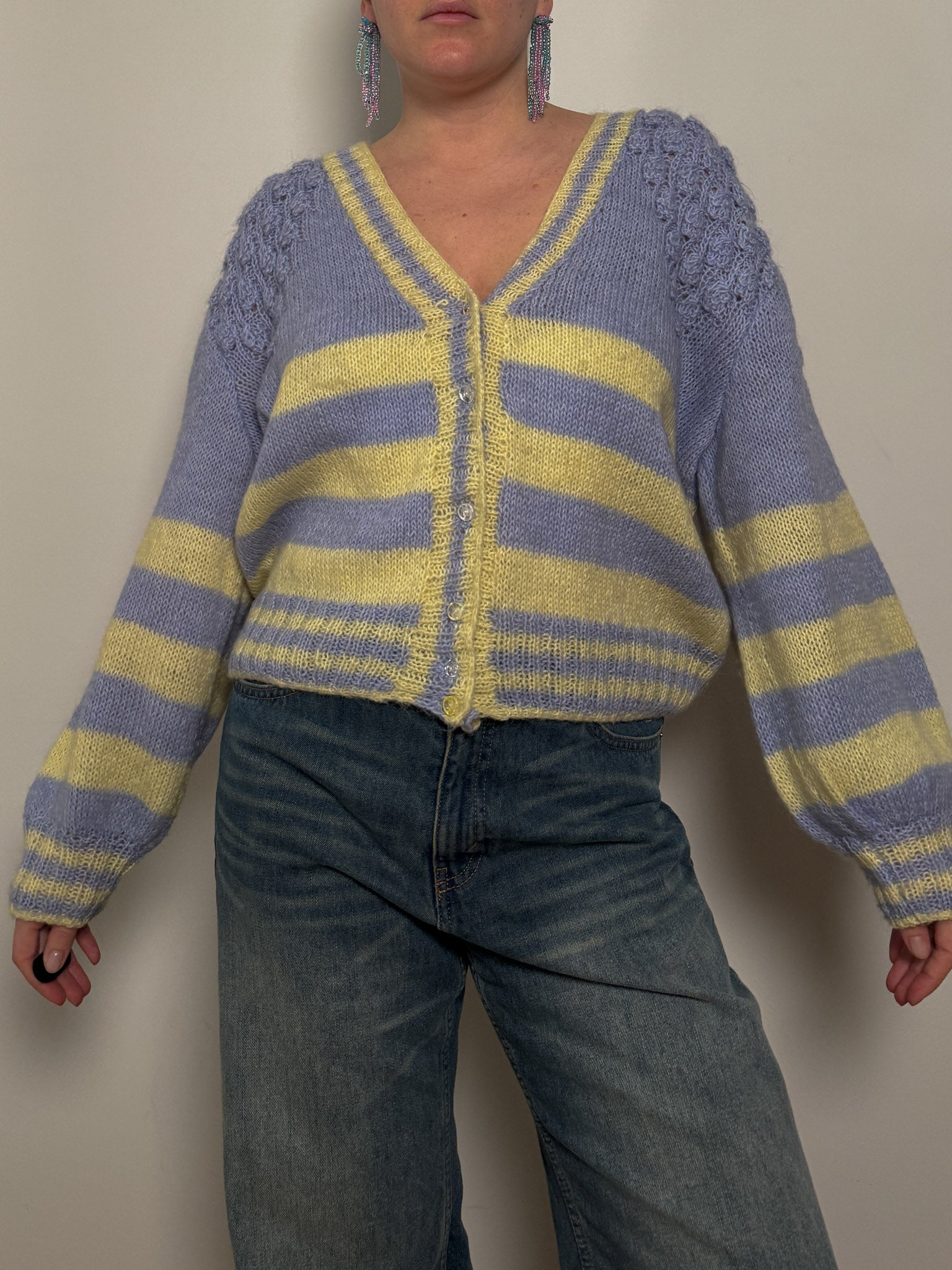 Pure wool embroidered sky and yellow cardigan