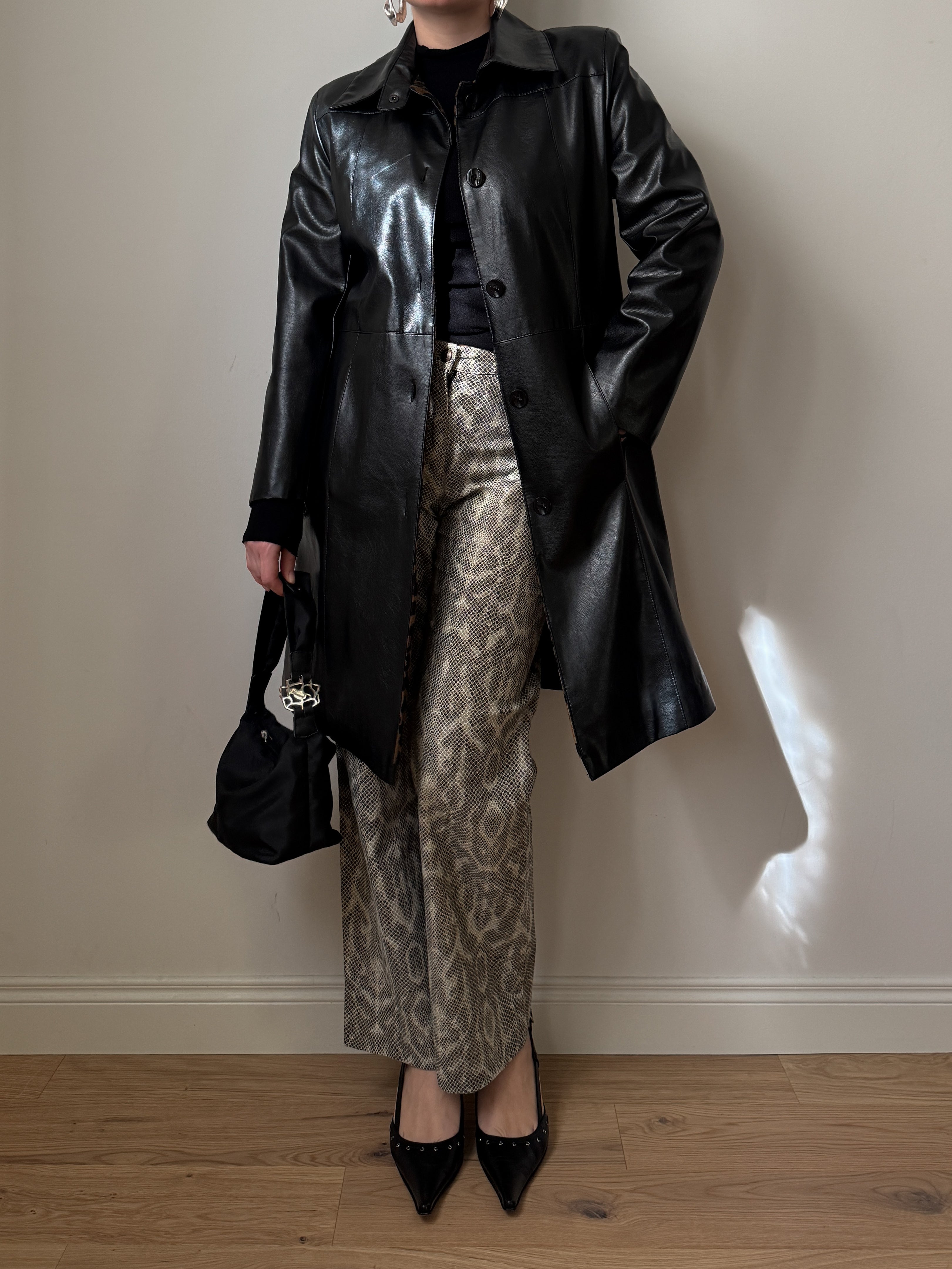 Real leather black long jacket