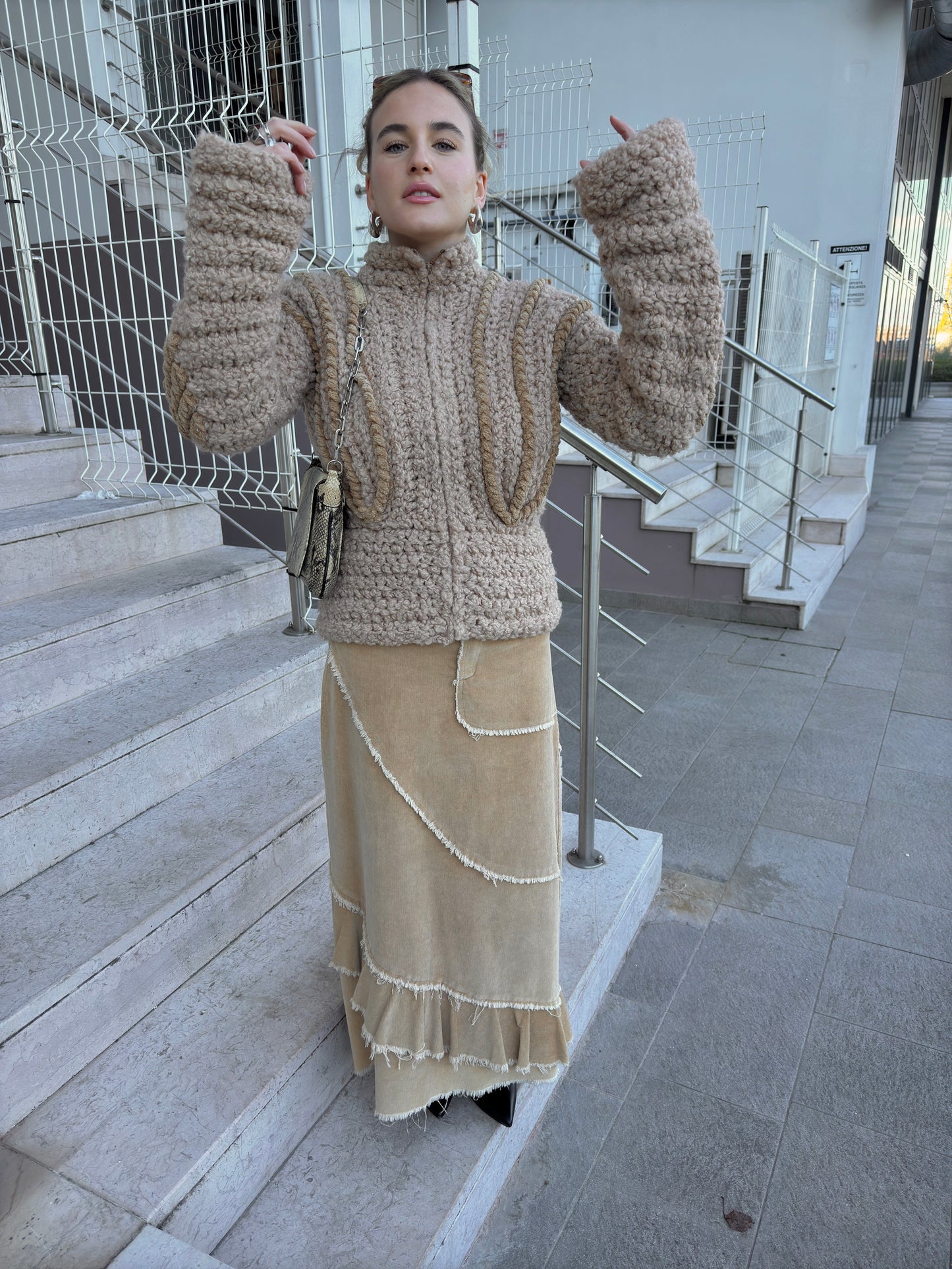 Velvet camel long skirt