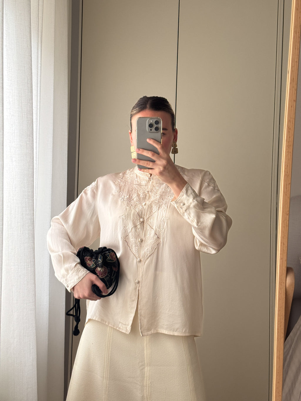 Pure silk embroidered ivory blouse