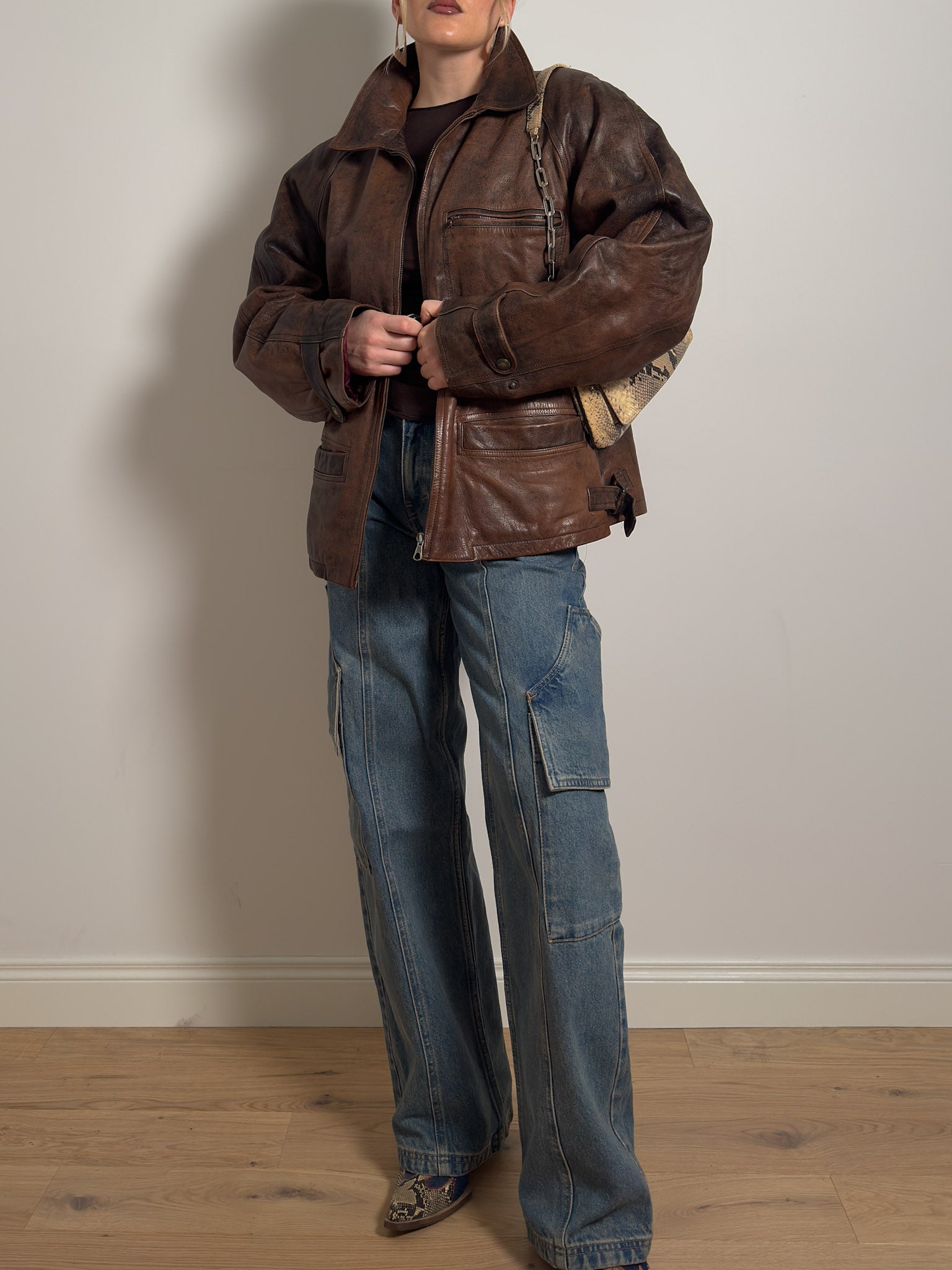 Real leather distressed jacket