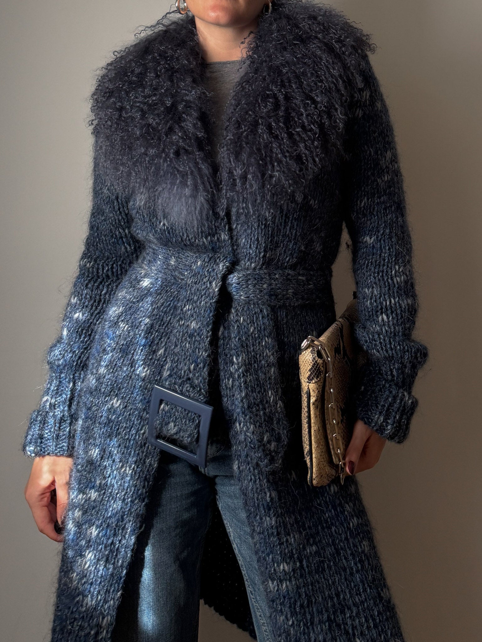 Wool, mohair and mongolian blue maxi cardigan