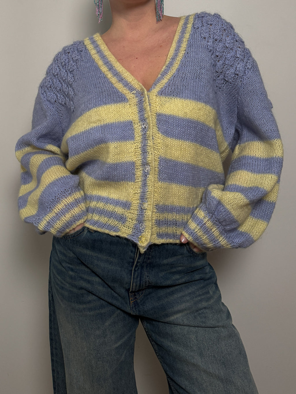 Pure wool embroidered sky and yellow cardigan