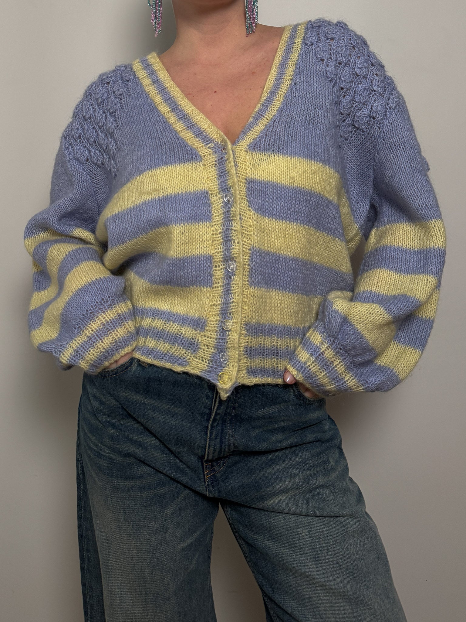 Pure wool embroidered sky and yellow cardigan