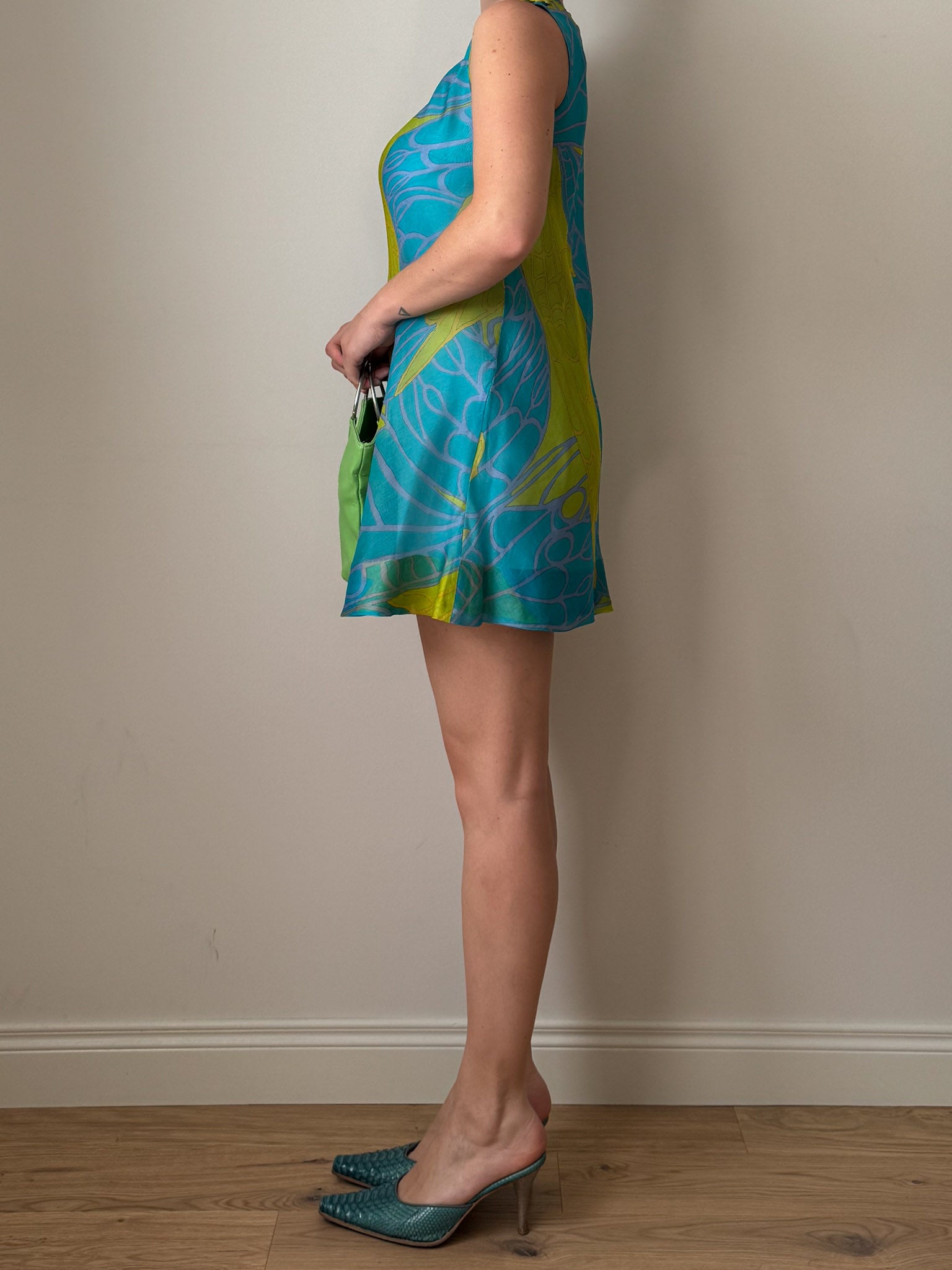 Pure silk sky and green mini dress