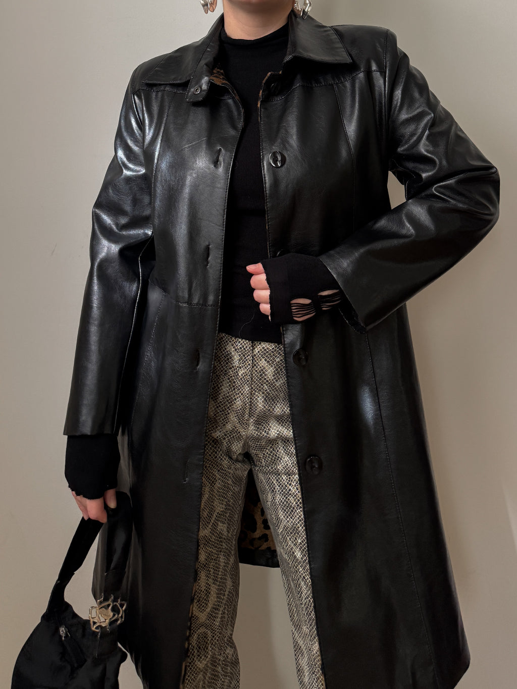 Real leather black long jacket