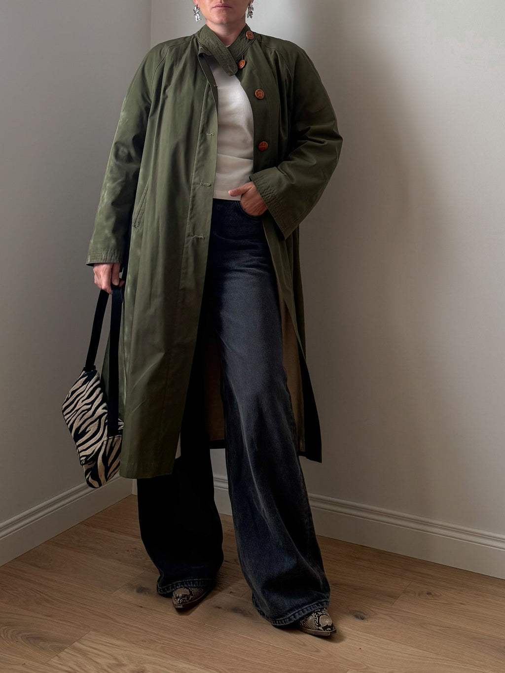 Green quilted-lined trench coat