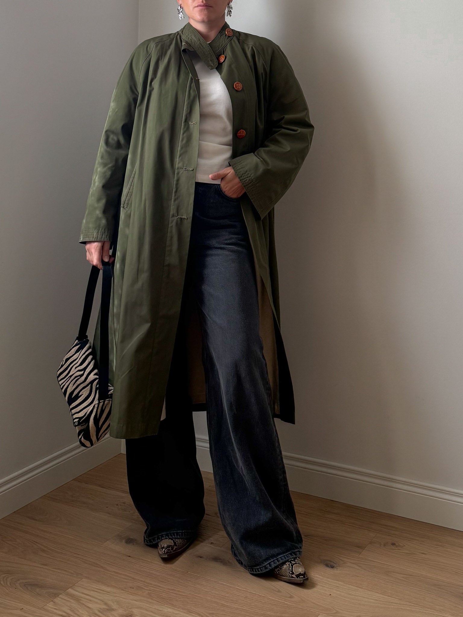Green quilted-lined trench coat