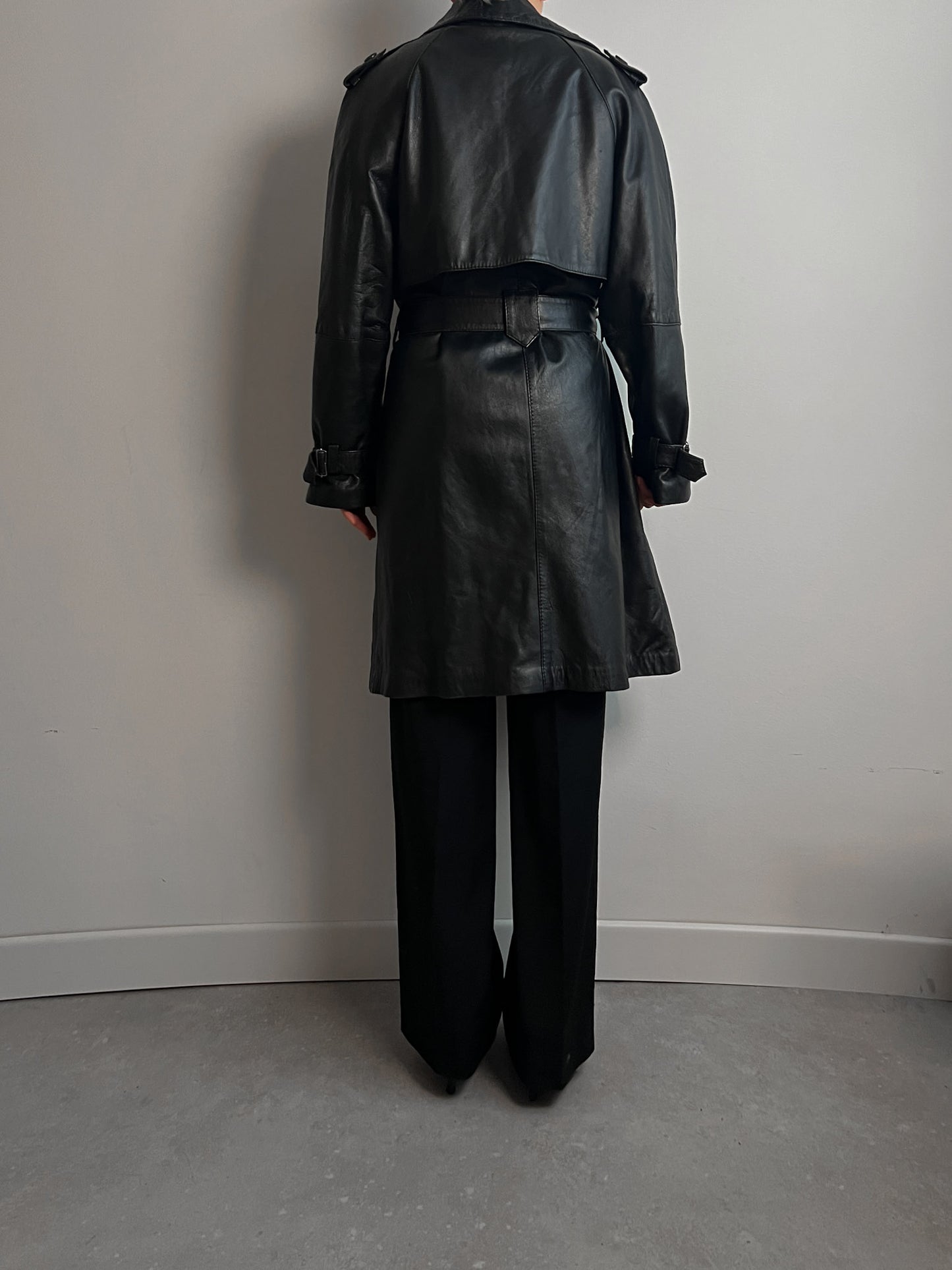 Real leather black trench