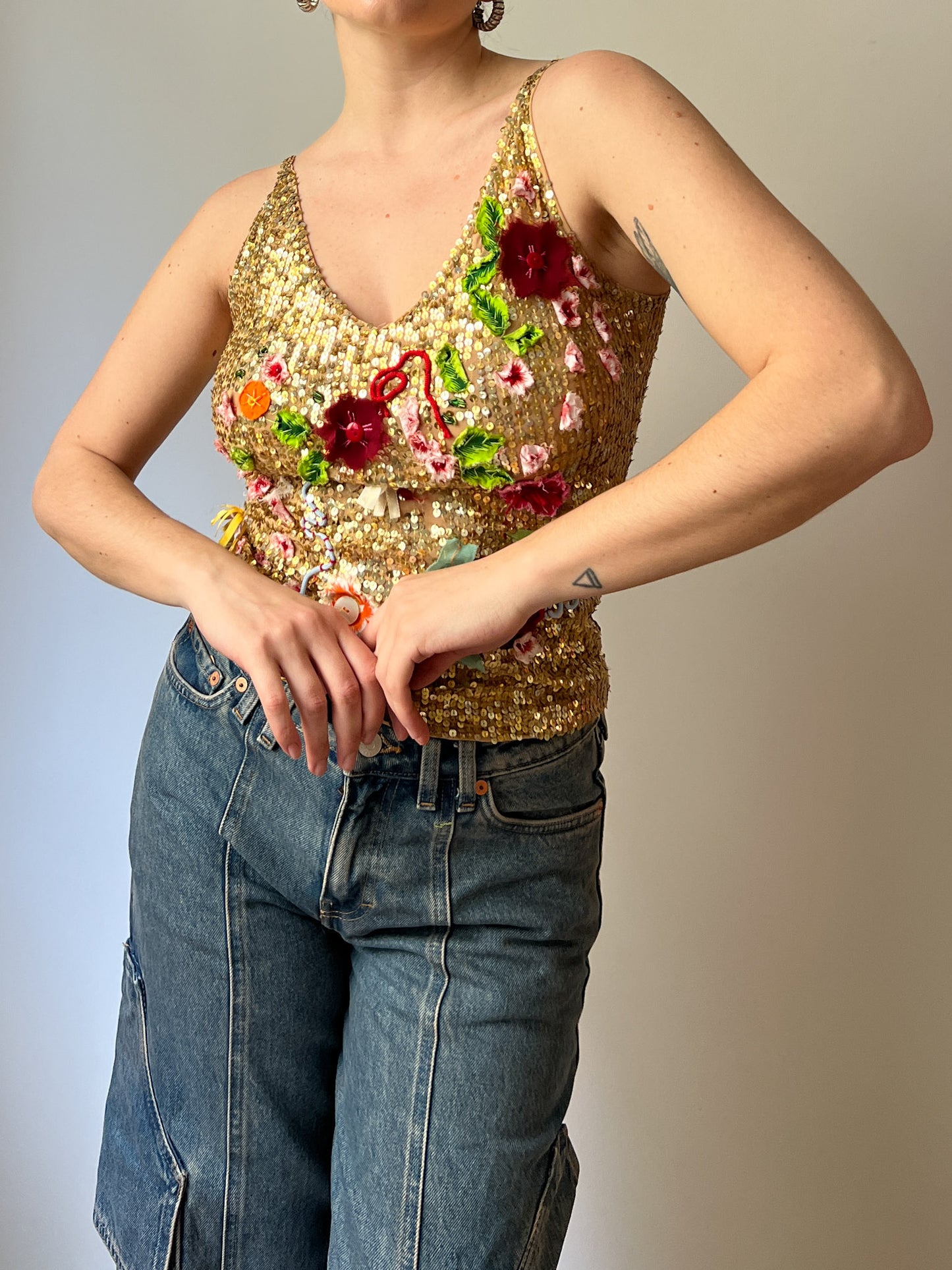 Floral sequins gold top